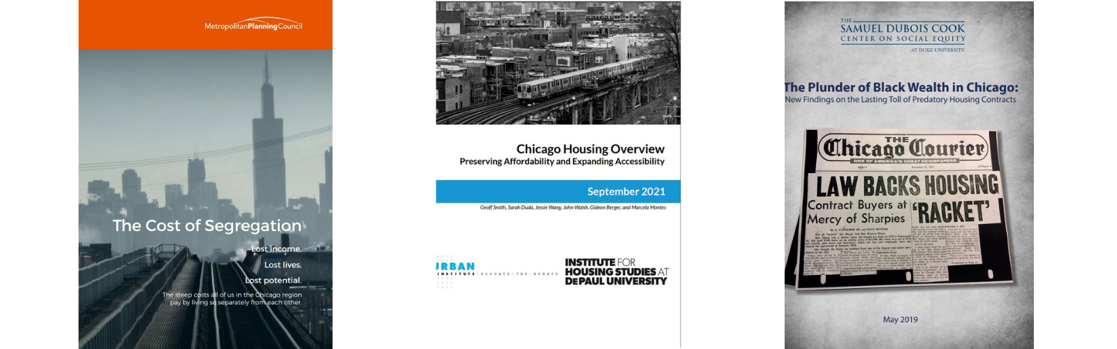 Covers of three research papers about race and housing