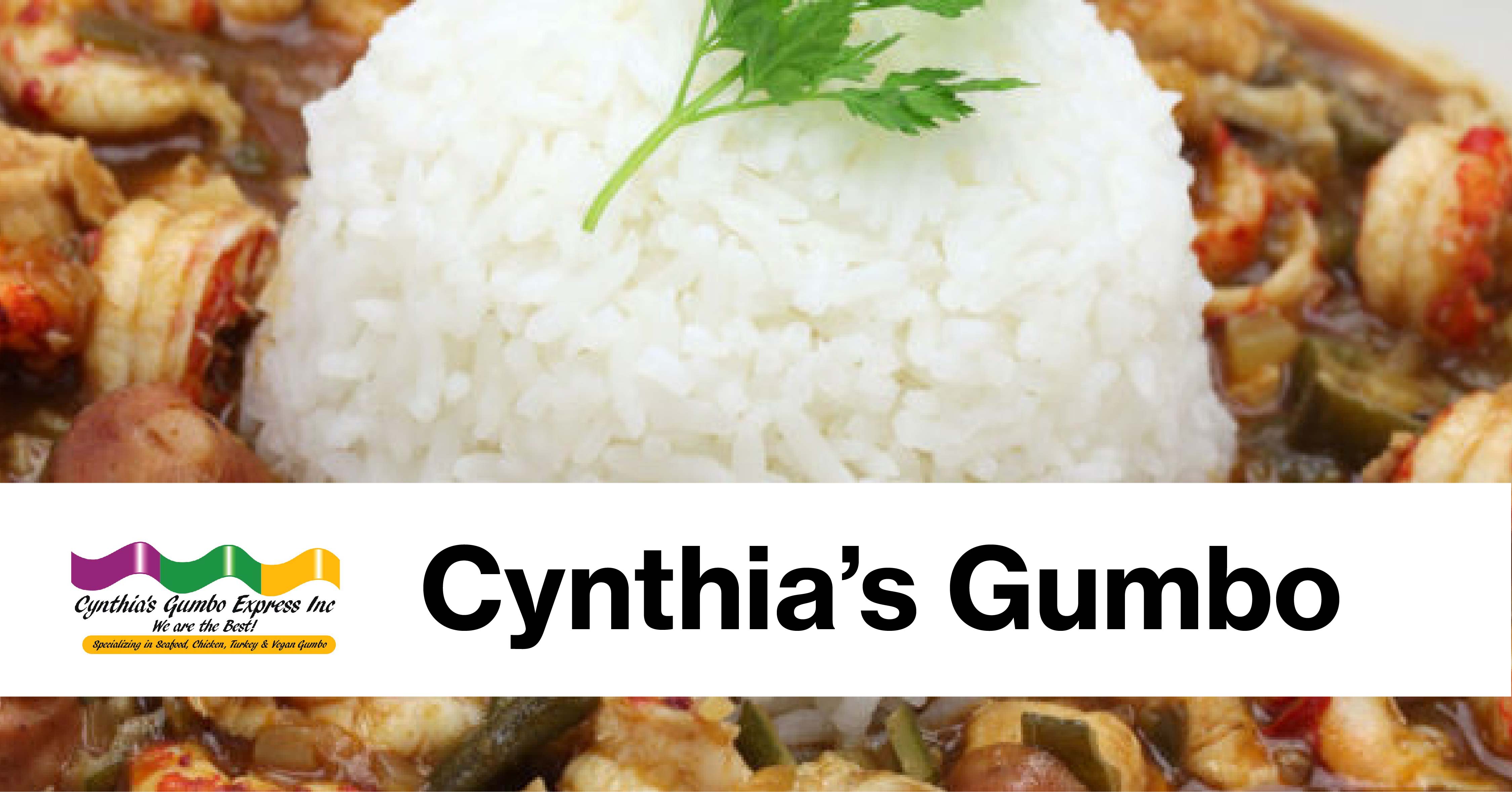 Close up of rice and gumbo with "Cynthia's Gumbo" and logo