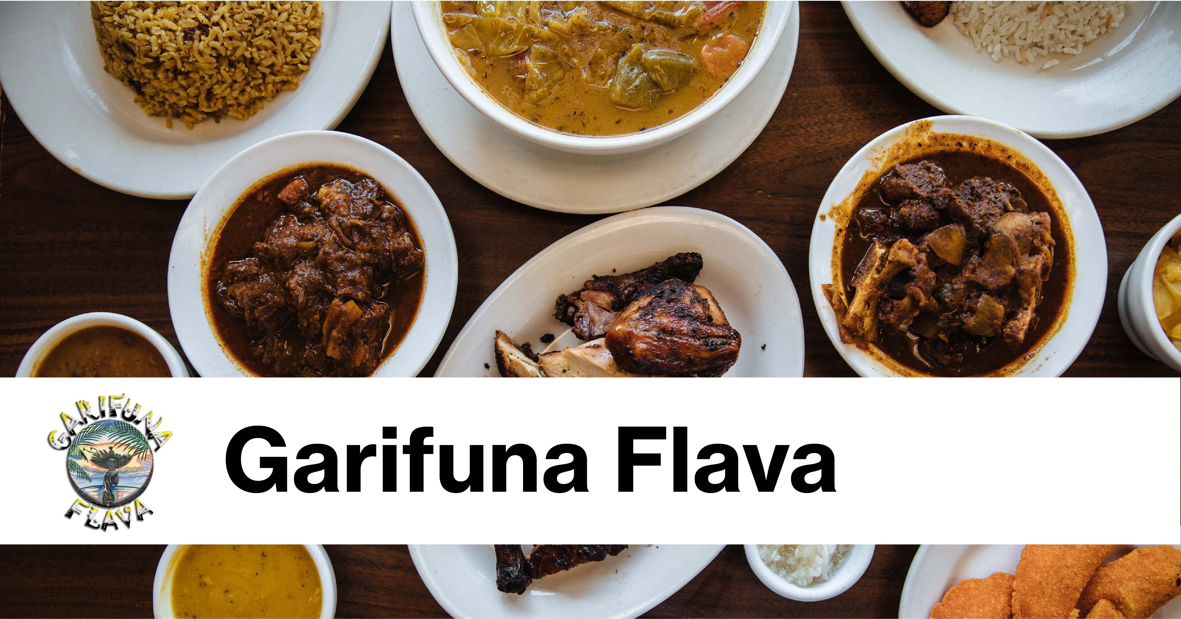 Many small dishes and "Garifuna Flava" and logo